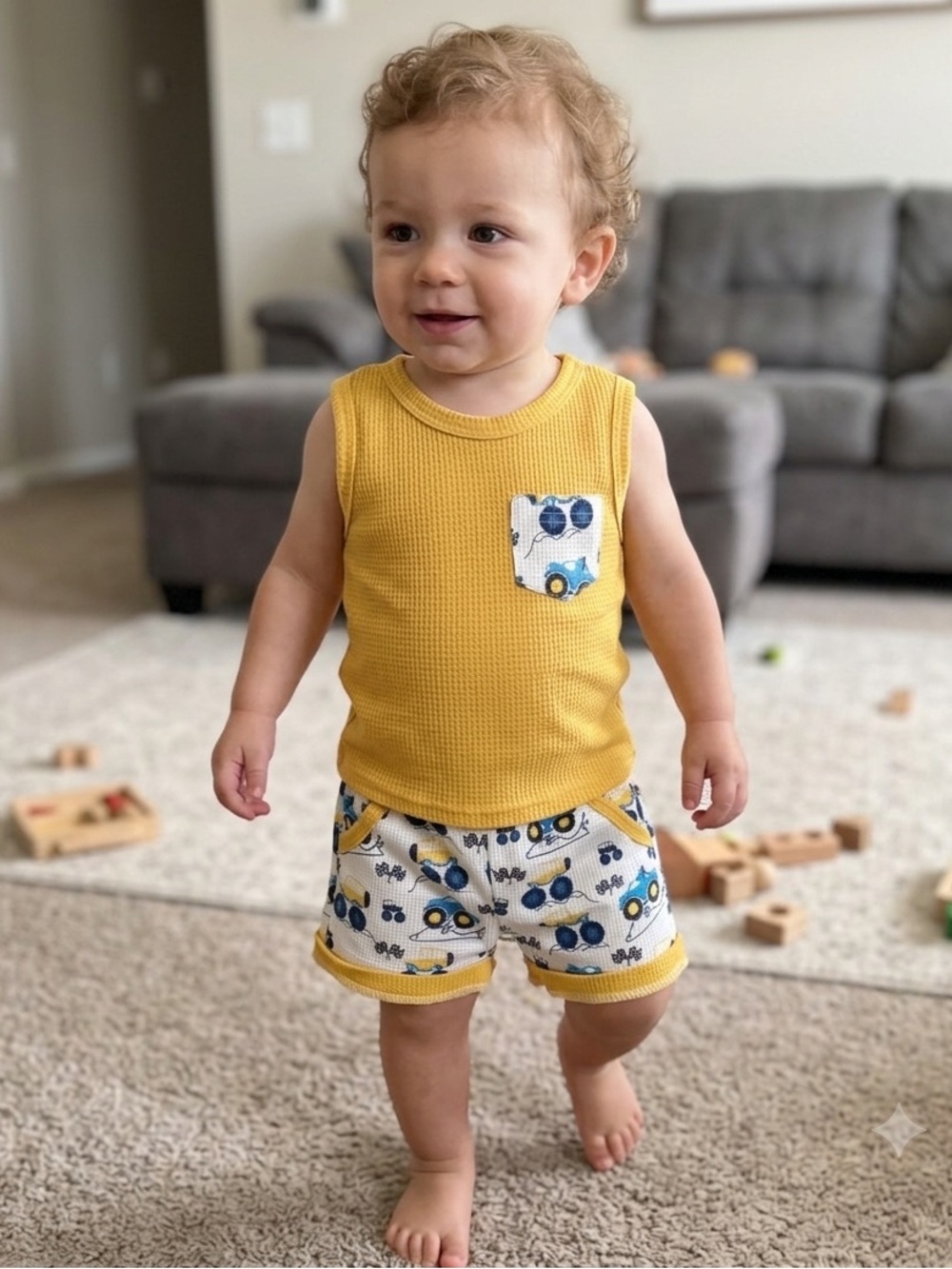 ❤️(12-18m) Tank + Tractor Print Shorts Kids Matching Set